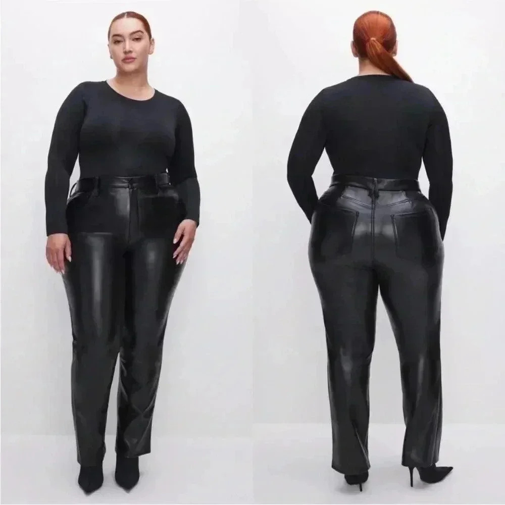 Good American Better Than Leather Pants Faux Leather Black Straight Leg Sz 16 - Picture 1 of 12